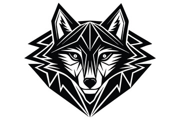 Black geometric wolf portrait boldly stares forward against a polygon shaped background