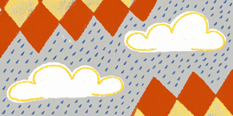 Whimsical Weather Pattern with Clouds and Raindrops Amidst Geometric Diamond Shapes in Soft Pastel Colors