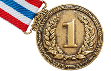 Golden First Place Medal with Ribbon on Black Achievement Award Victory on transparent background