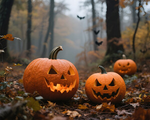 atmospheric photos of Halloween pumpkins in the fall forest. Halloween. fall atmosphere