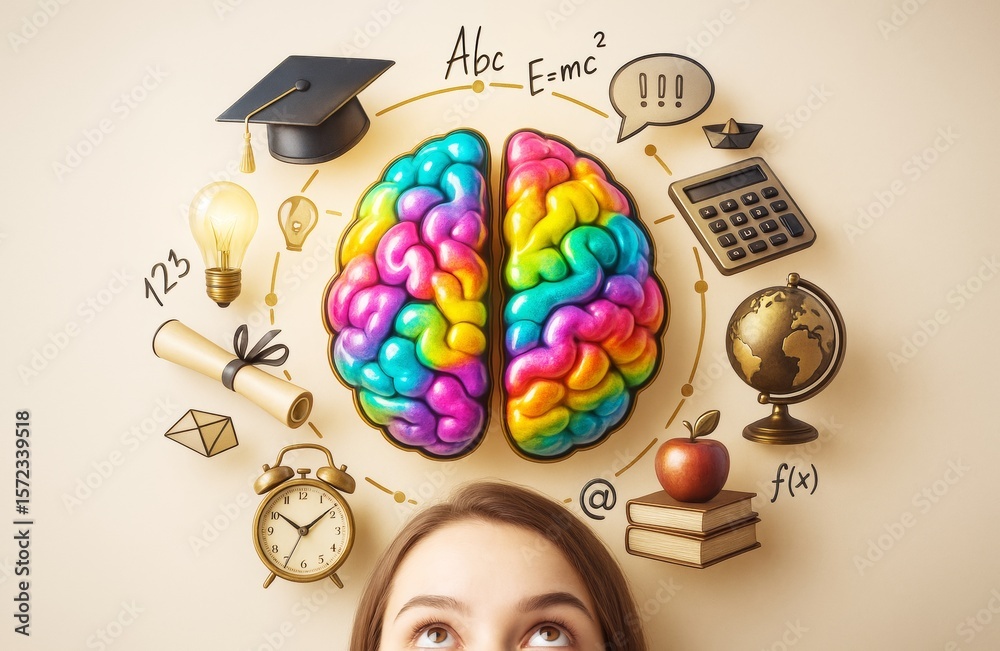 Poster colorful brain surrounded by educational and scientific symbols with a girl's head at the bottom, on