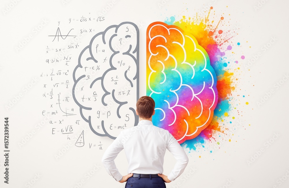Aufkleber businessman looks at split brain illustration with scientific formulas on left and colorful art on r
