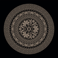 Openwork gold round frame in ancient Greek style on black background. Greek meander. Round ornament. Patterns of Greece, Ancient Rome. Vector Greek style. For textiles, embroidery, porcelain, ceramics