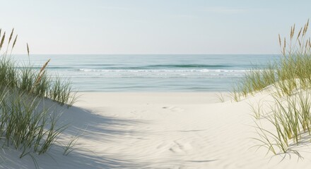 Serene Beach Landscape with Sand Path and Coastal Grass