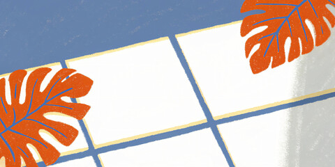 Tropical Interior Scene with Monstera Leaves and Tiled Floor in a Modern Artistic Style Illustration