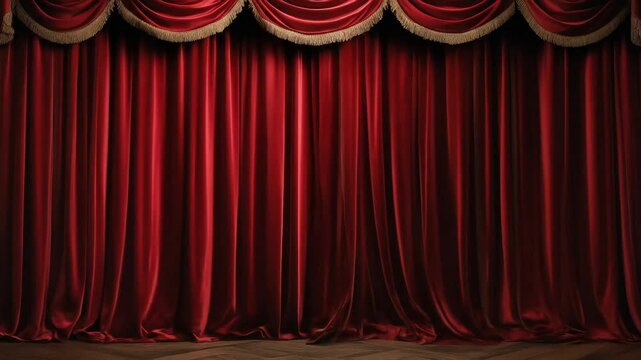 Elegant red velvet stage curtain opening to reveal green backdrop, classic theater ambiance, luxurious performance scene, perfect cinematic transition