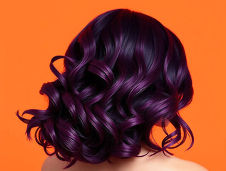 Naklejka premium Ai generated image of a woman with short, wavy purple hair is pictured against an orange background, highlighting the beauty and trendiness of the hairstyle