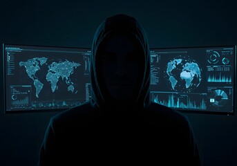 Anonymous hacker in a dark hoodie, face hidden in shadow. Behind them, multiple computer screens display global data, symbolizing cybersecurity threats and cybercrime