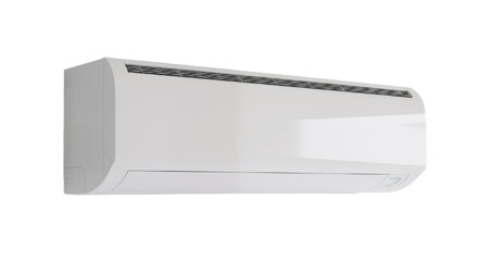Fototapeta premium Modern Wall-Mounted AC Unit with Minimalist Design Against White Background, Symbolizing Efficiency, Comfort, and Contemporary Climate Control