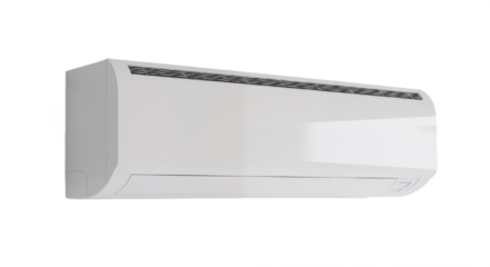 Modern Wall-Mounted AC Unit with Minimalist Design Against White Background, Symbolizing Efficiency, Comfort, and Contemporary Climate Control