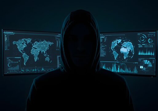 Anonymous hacker in a dark hoodie, face hidden in shadow. Behind them, multiple computer screens display global data, symbolizing cybersecurity threats and cybercrime