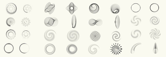 Collection of vector design elements. Set of logos with lines, stripes and circles. Various forms of line and dots design.Vector logo collection. Bundle of circle icons and elements. Set of lines art.