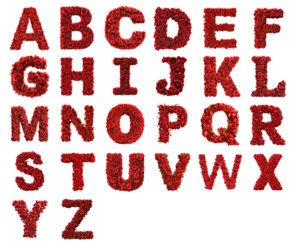 Alphabet letters A to Z composed of red roses and green leaves isolated on transparent background