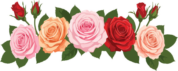 Vector Rose Flower Arrangement | Red, Pink, and Orange Roses Border Illustration