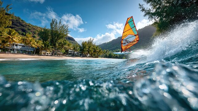 Windsurfer jumping over small waves near tropical beach in hawaii