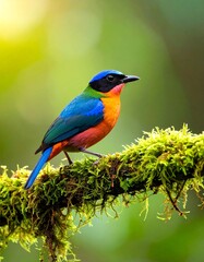 Obraz premium Vibrant Colorful Bird Perched on Mossy Branch in Nature