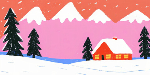 Winter Cabin A Cozy Red House in a Snowy Landscape, Surrounded by Pine Trees and Snow-Capped Mountains in Winter
