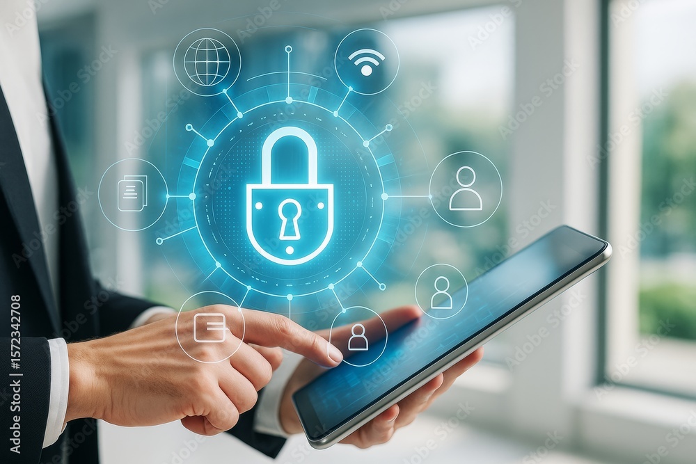Poster Cybersecurity concept showing digital padlock icon above tablet held by businessman, symbolizing data protection and secure network access.