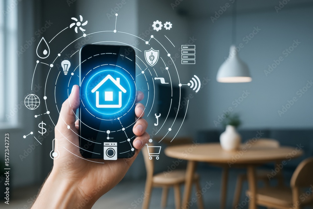 Poster Smart home automation interface on smartphone with digital icons and glowing blue light in modern interior background showing technology concept.