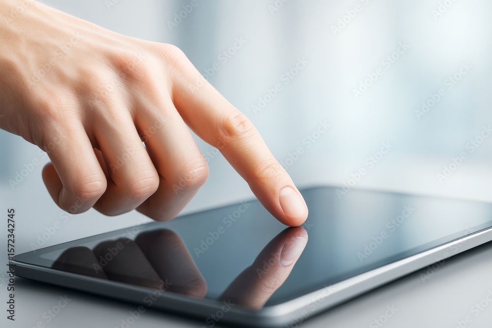 Poster Close-up of human finger interacting with touchscreen tablet device on a smooth surface with blurred background in soft light. Ai generative.
