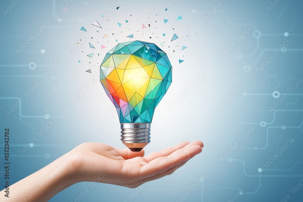 Aufkleber Geometric colorful light bulb symbolizing innovation and creative technology floating above open hand on digital background with futuristic elements.