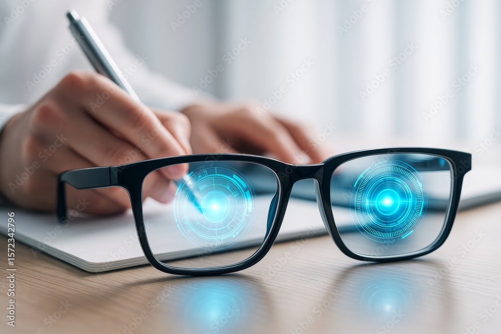 Aufkleber Smart glasses with futuristic digital HUD interface and person writing in background on a light workspace concept of wearable technology use.