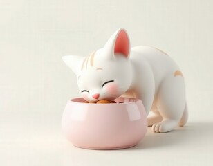 Adorable 3D Cartoon Cat Eating from Food Bowl
