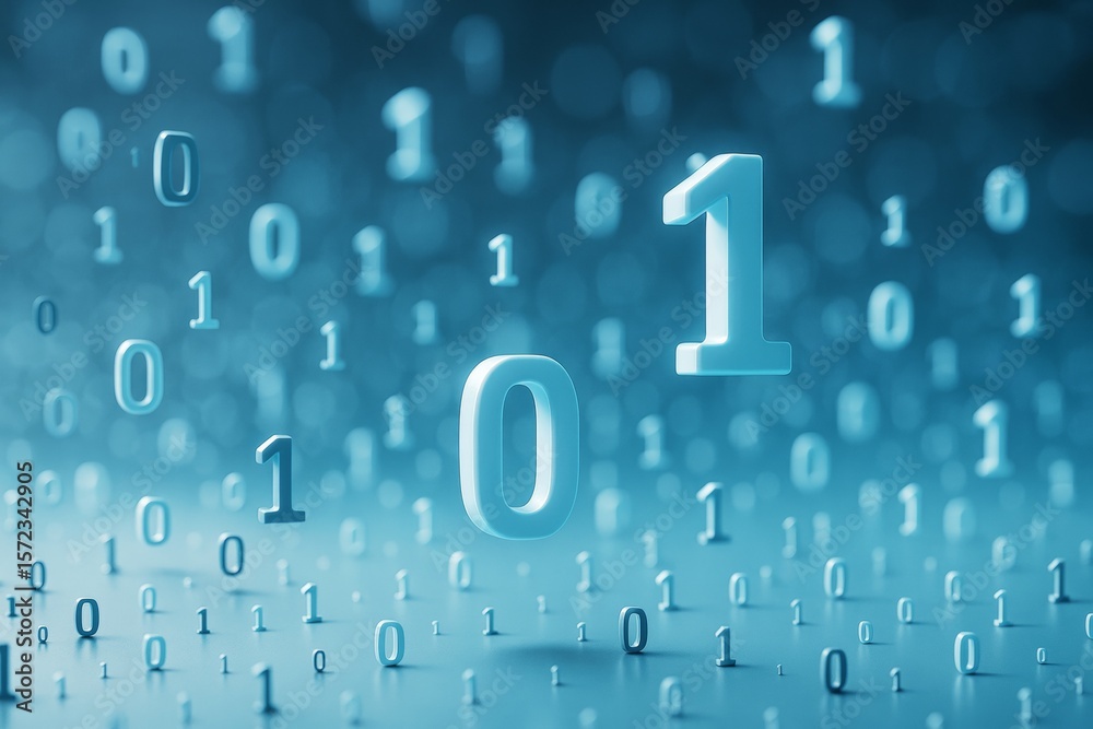 Leinwandbilder Floating binary digits 0 and 1 with glowing light effect on a digital blue background, symbolizing futuristic technology concept and data flow.