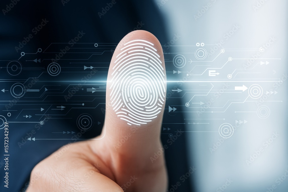 Aufkleber Futuristic fingerprint scanning on human thumb with glowing biometric interface and digital circuit background showing technology security concept.