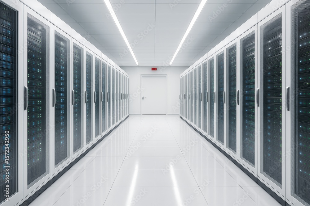 Aufkleber Futuristic clean data center hallway with symmetrical white server racks and bright ceiling lights in a high-tech environment. Ai generative.