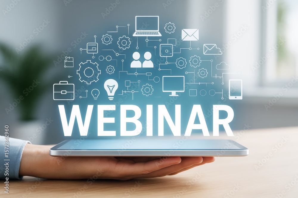 Poster webinar concept with glowing icons above a tablet held by hand on blurred office background illustra