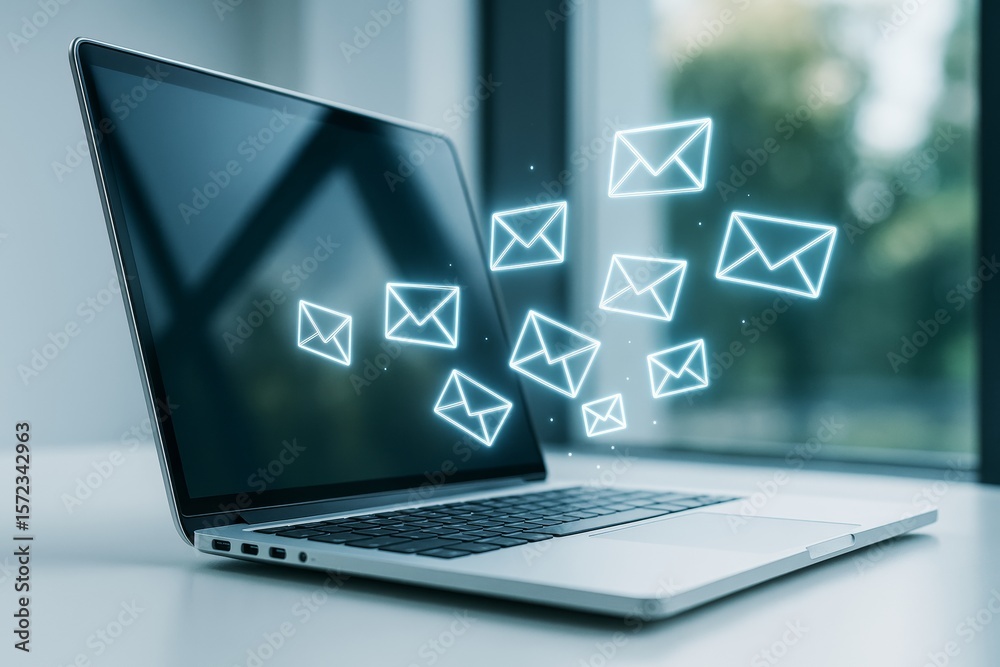 Aufkleber Glowing email icons emerging from laptop screen on desk with soft light background, symbolizing digital communication and modern tech concepts.