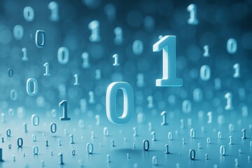 Floating binary digits 0 and 1 with glowing light effect on a digital blue background, symbolizing futuristic technology concept and data flow.