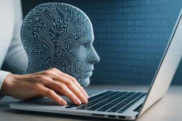 Human hand using laptop with digital AI head silhouette and circuit pattern symbolizing artificial intelligence and machine learning concept.
