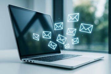 Glowing email icons emerging from laptop screen on desk with soft light background, symbolizing digital communication and modern tech concepts.