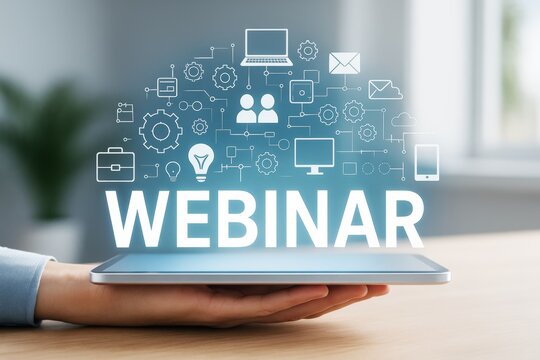 Webinar concept with glowing icons above a tablet held by hand on blurred office background illustrating digital communication and technology concept. - Powered by Adobe