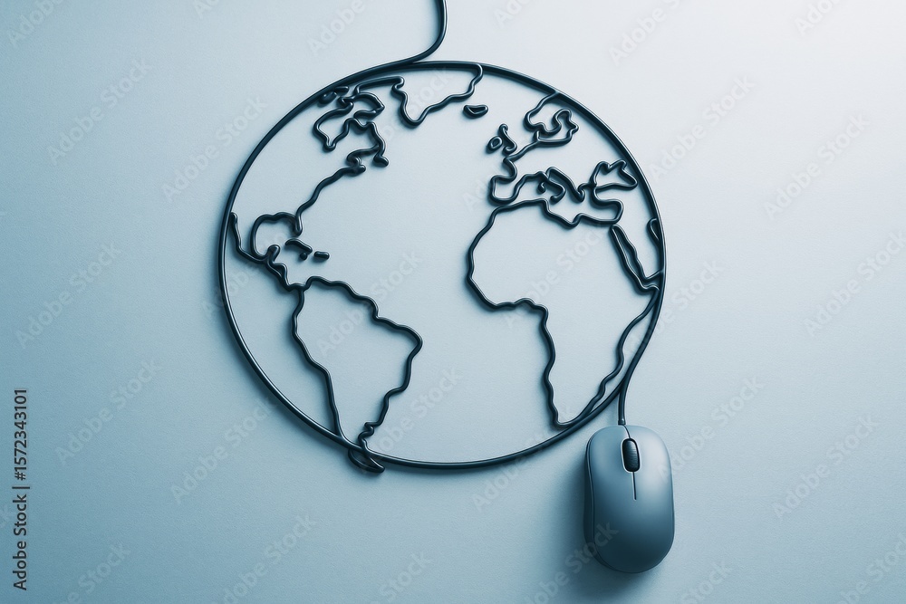 Fototapete Computer mouse cord forming world map symbolizing global internet connection and digital communication concept on light blue background.