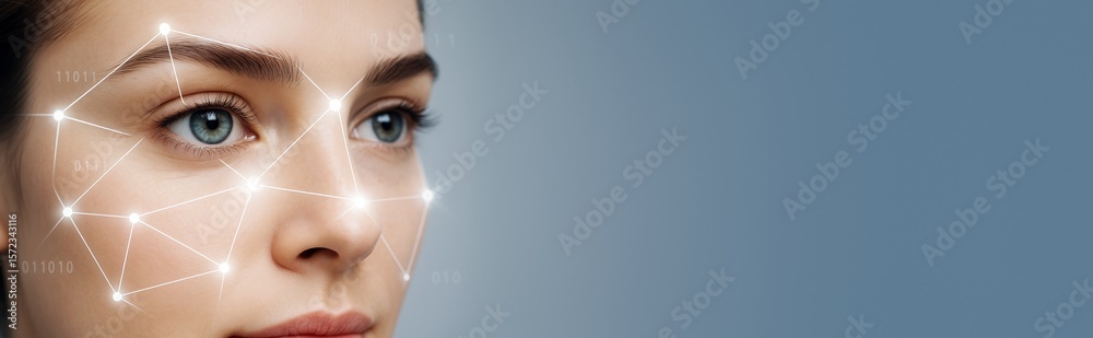 Aufkleber Woman's face with biometric facial recognition light grid pattern and binary code on blue technology background for innovation concept poster.
