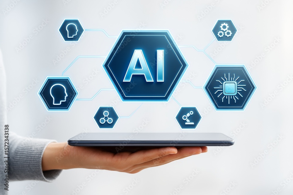 Aufkleber Artificial intelligence icons floating above tablet in a futuristic tech concept on light background with glowing blue interface graphics.