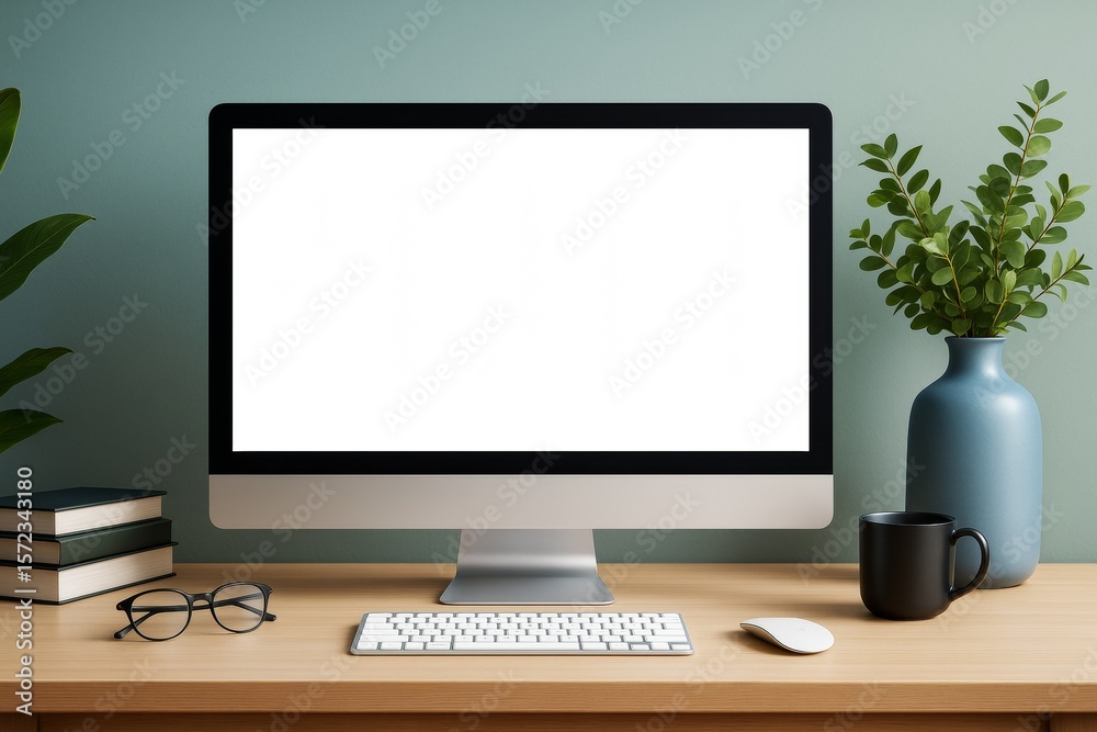 Poster minimal workspace with blank computer screen on wooden desk, surrounded by decor, books, and accesso