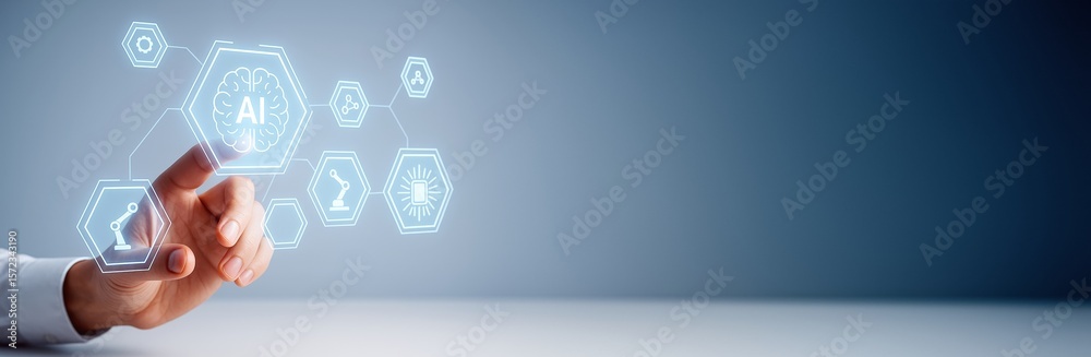 Poster Human hand interacting with futuristic artificial intelligence interface with icons on a clean blue background for innovation or tech banner template.
