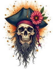 Vector illustration of a bearded skull wearing a pirate hat with flowers. Pirate skull t-shirt design illustration. AI generated