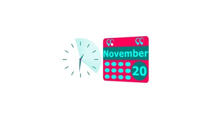 November month 20 date calendar icon and cyan color clock 4k illustration. Digital calendar month concept design on White background.