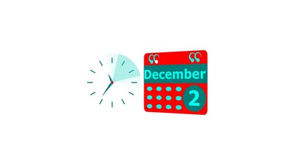 December month 2 date calendar icon and cyan color clock 4k illustration. Digital calendar month concept design on White background.