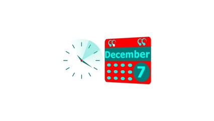 December month 7 date calendar icon and cyan color clock 4k illustration. Digital calendar month concept design on White background.