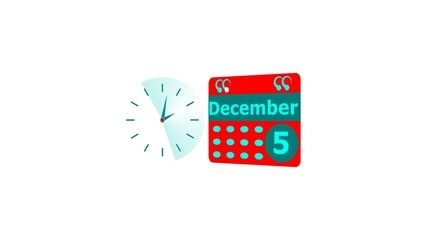 December month 5 date calendar icon and cyan color clock 4k illustration. Digital calendar month concept design on White background.
