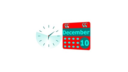 December month 10 date calendar icon and cyan color clock 4k illustration. Digital calendar month concept design on White background.