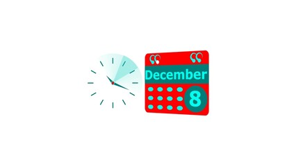 December month 8 date calendar icon and cyan color clock 4k illustration. Digital calendar month concept design on White background.