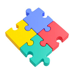 Interlocking Puzzle Pieces: Four vibrantly colored puzzle pieces perfectly interlock, showcasing unity and the power of collaboration in an eye-catching and appealing display.