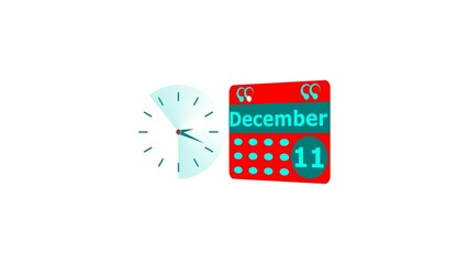 December month 11 date calendar icon and cyan color clock 4k illustration. Digital calendar month concept design on White background.